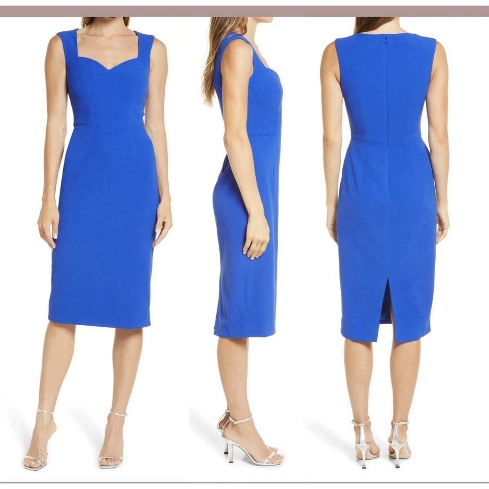 NWT Dress the Population Elle Sheath in Electric Blue Sweetheart Neck Midi Small
